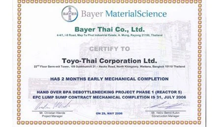 TOYO-THAI ACHIEVED MECHANICAL COMPLETION FOR BAYER BPA DEBOTTLENECKING PROJECT